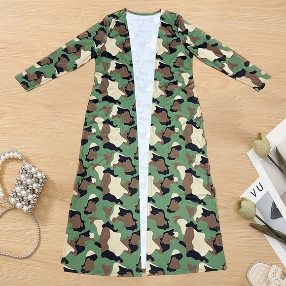 Plus Size Casual Camo Long Sleeve Split Hem Maxi Cardigan XL-5XL - Picture 3 of 7